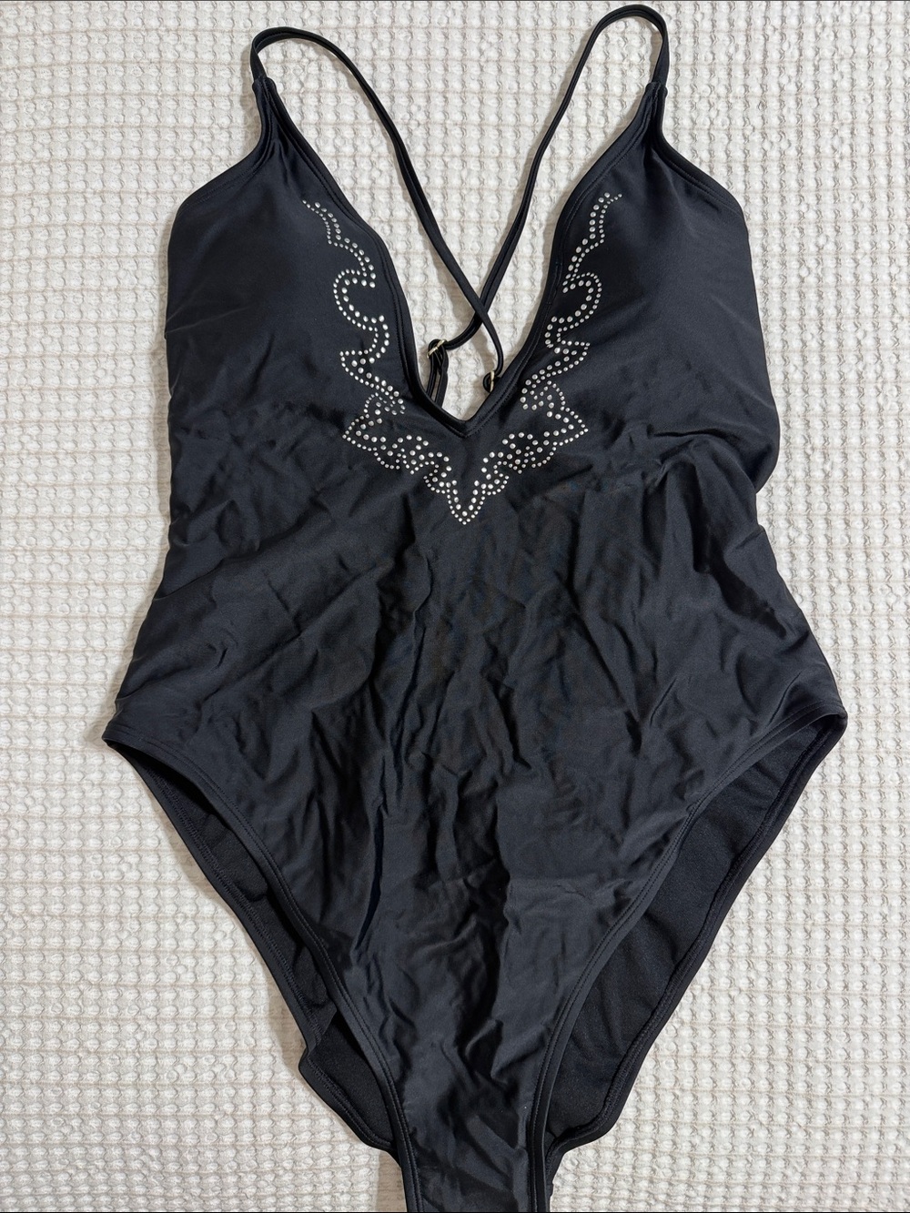 Black One-Piece Swimsuit with Rhinestone V-Neck